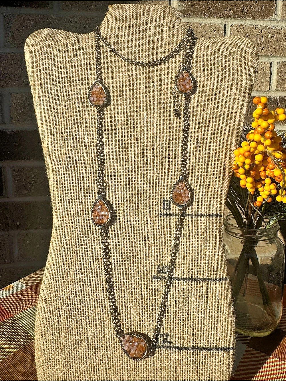 Peach Blush Beaded Teardrop Gold-Tone Long Statement Necklace